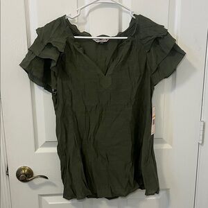 Olive Green Ruffle Sleeve Women's V-Neck Top
